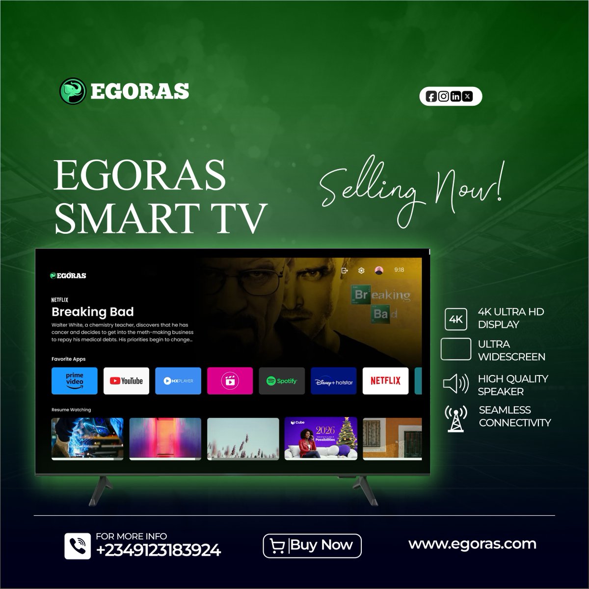 egorasHQ's tweet photo. Now Selling: Egoras Smart TV

Turn your living room into a cinema experience with the powerful Egoras Smart TV.

Enjoy:

- 4K Ultra HD Display

- Smart Apps &amp; Streaming

- Powerful Sound System

- Seamless Connectivity

📞 Order Now: +234 912 318 3924
#smarttvs @egoras https://t.co/D15BQlPvDQ