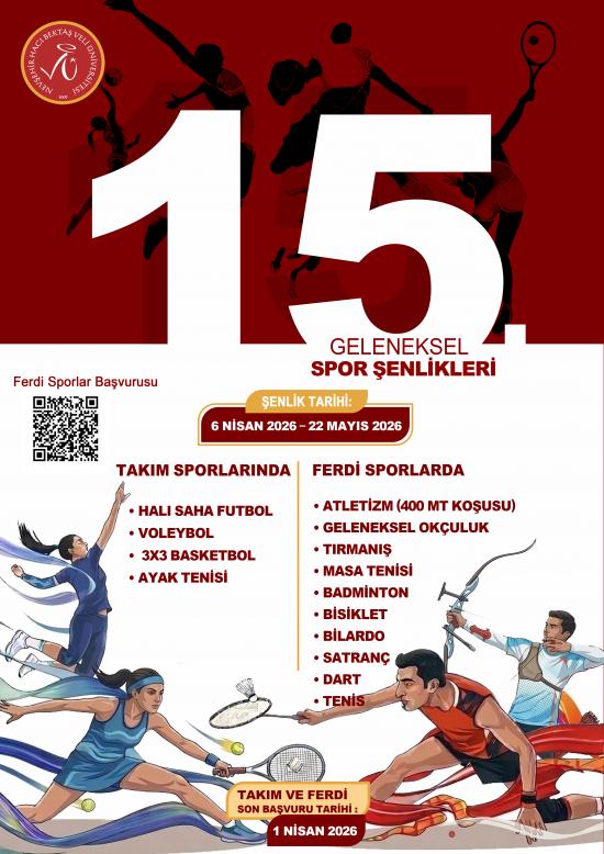 Üniversitemiz 15. Geleneksel Spor Şenlikleri başvuruları başlıyor. 
Son başvuru tarihi 1 Nisan 2026. Bilgi ve online başvuru için👉nevsehir.edu.tr/tr/54604