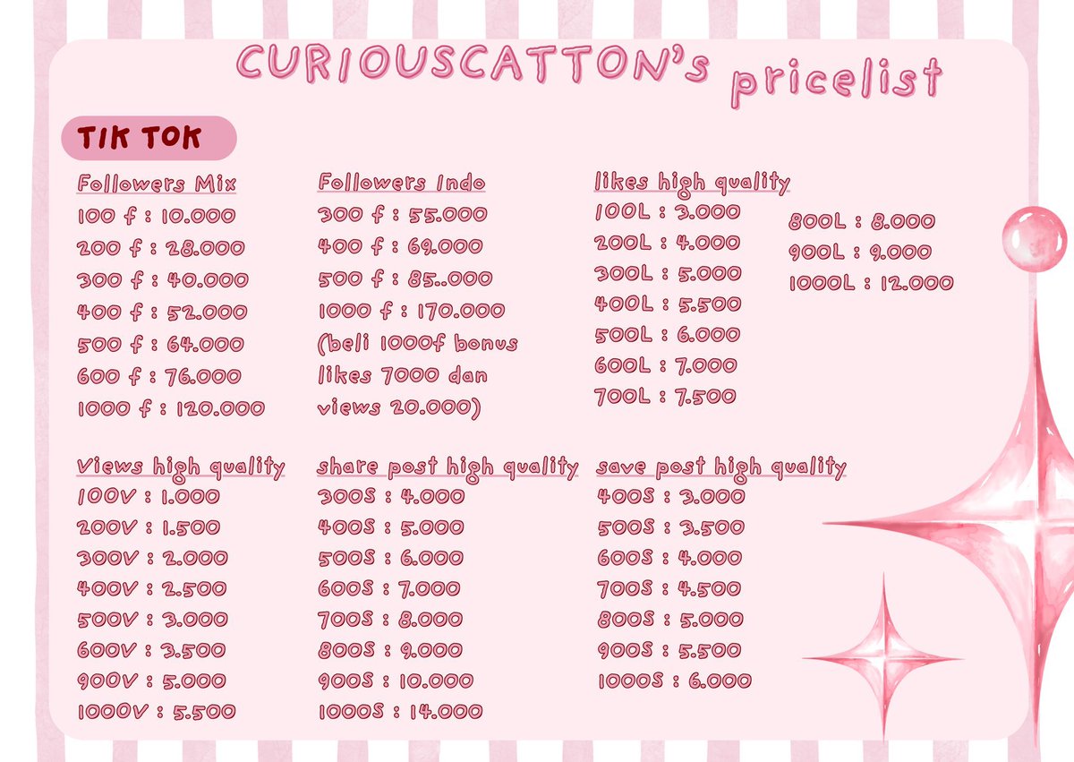 curiouscatton's tweet photo. ready followers, likes, views, save, share, profile visits untuk instagram dan tiktok. langsung proses, get bonus juga loh tanpa minimal pembelian😻🫶🏻 

untuk testi bisa cek pin atau bio yap ^______^ fast respon di wabiz kalau dm jangan lupa mt ya.

#zonaba #zonauang https://t.co/3C8K0MqU3W