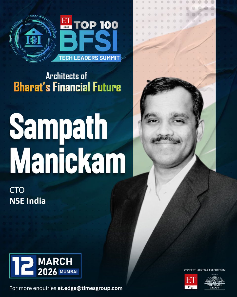 ET_Edge's tweet photo. We are pleased to welcome Sampath Manickam, CTO, NSE India, as a distinguished speaker at the ET Edge Top 100 BFSI Tech Leaders Summit.​​

Sampath is a globally recognized technology leader with over 30 years of experience across capital markets, BFSI, telecom, OTT media, and data centers. As CTO – Technology Infrastructure at NSE India, he leads large-scale transformation initiatives focused on resilience, innovation, and scale.​​

The ET Edge Top 100 BFSI Tech Leaders Summit convenes industry trailblazers, technology visionaries, and decision-makers shaping the next chapter of India’s financial services landscape. The platform will spotlight innovation, digital acceleration, regulatory evolution, and the technologies redefining trust and scale in BFSI. ​

When: 12 March 2026​
Where: Mumbai​
​
Enquire now: https://t.co/zuDxlrlnbq​
​
#ETEdgeBFSITechLeaders #Technology #Leaders #BFSI #banking #finance #insurance #tech