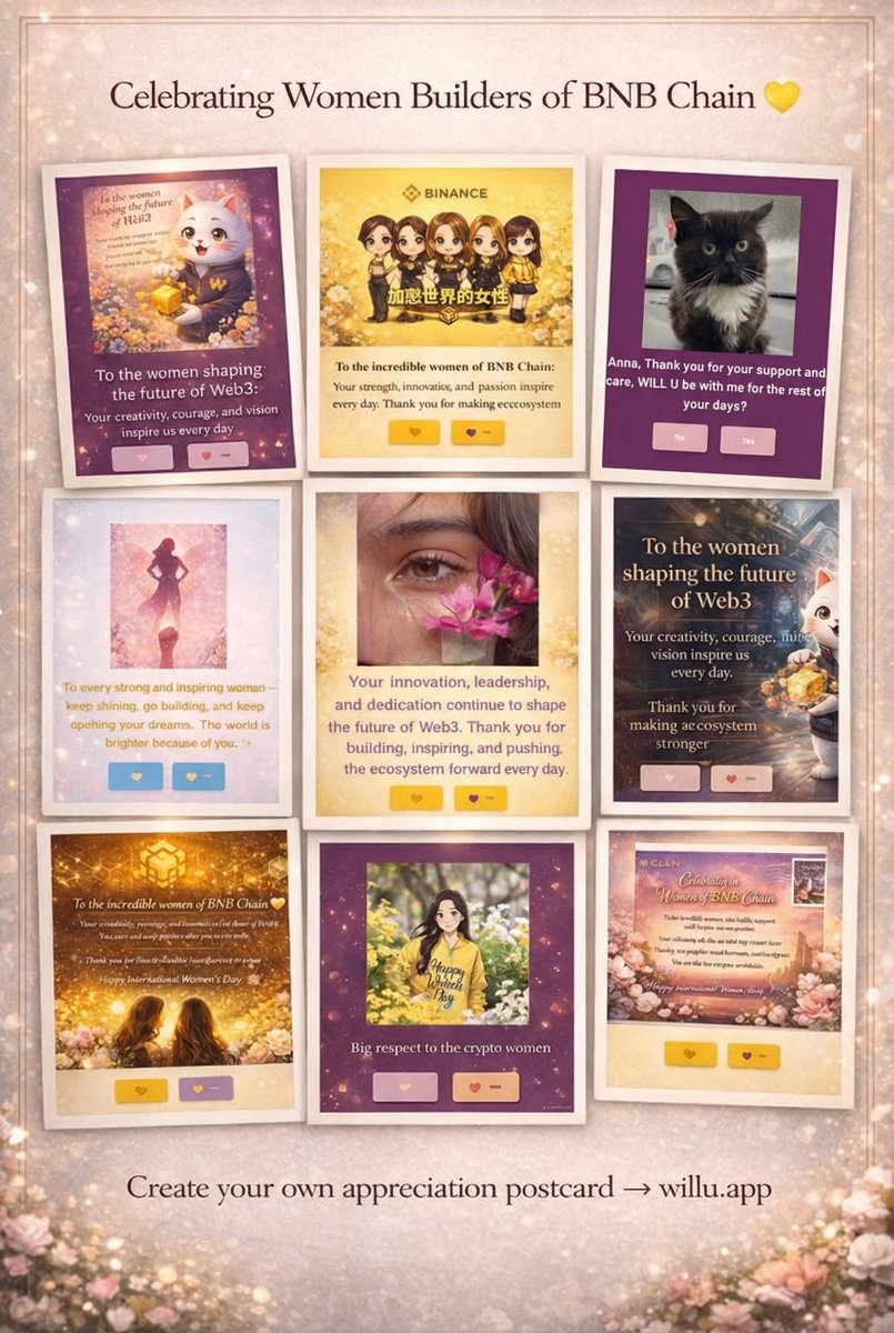 🌸 Celebrating the women of <a href="/BNBCHAIN/">BNB Chain</a> 

These creators won our #SendAppreciation postcard contest on WillU.

🏆 Winners
<a href="/coolg_xscorpio/">Scorpio Trader</a>
<a href="/millyonme8/">Milly</a> 
<a href="/amaranthus001/">Amaranthus</a> 
<a href="/Rexicorndawg/">EᑌᑎO 𓆝 𓆟 𓆞</a>
<a href="/xiocrypto/">Zaki</a> 
<a href="/Tw3ntyW/">_Tw3nty</a>
<a href="/Adil_G__/">Adil.g</a>
<a href="/MANDO24889/">MR.mando</a>
<a href="/JoshuaOmeh/">Josh-love 🐦</a>
<a href="/hasu22604/">Sowrob</a> 

They will share $100 in $U
