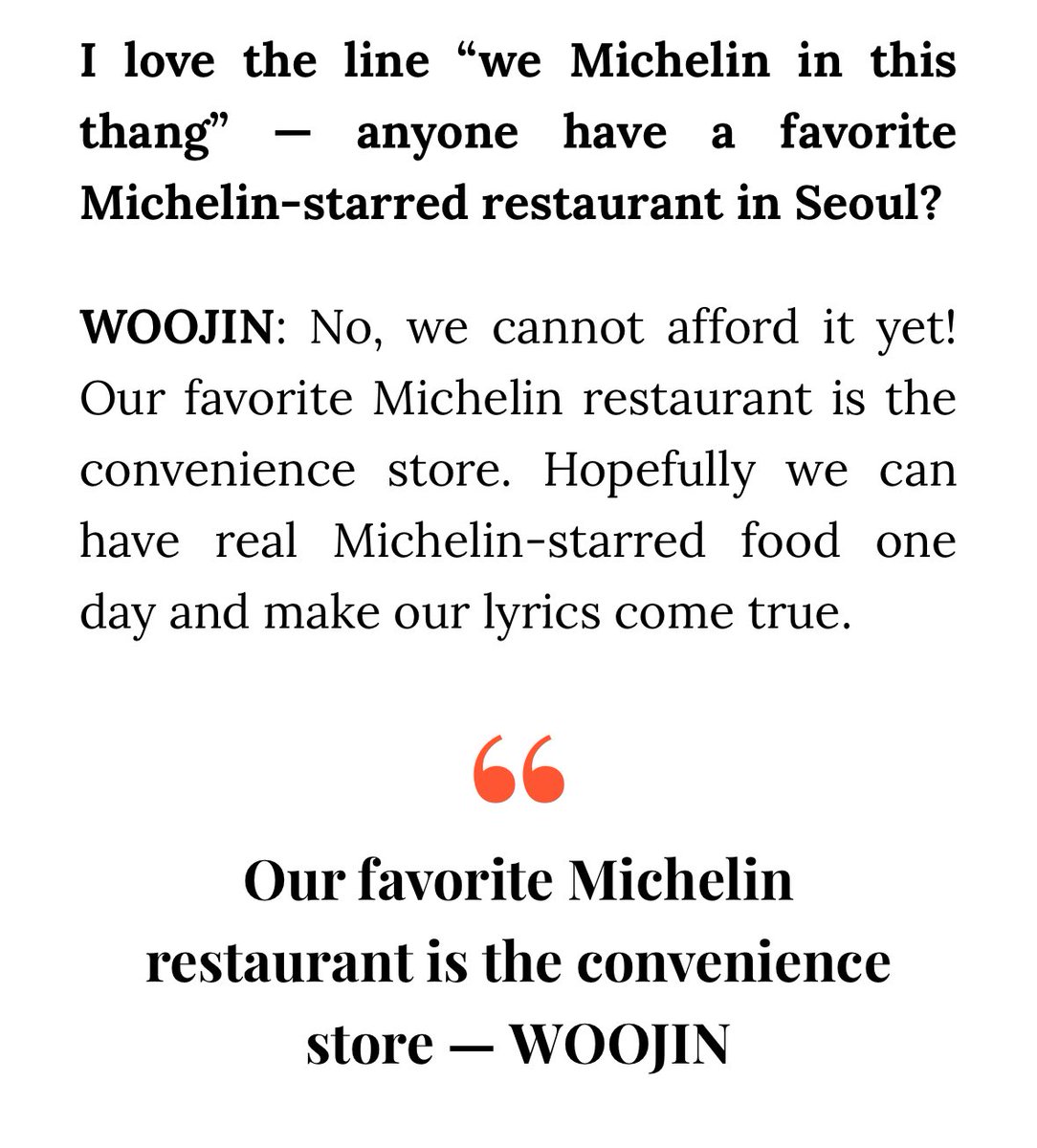 우진이한테 We michelin in the thang가사 보고 좋아하는 미슐랭 레스토랑 있냐니까 아직 돈없어서 못가고 자기들은 편의점이 미슐랭이라함 ㅠㅠㅠㅠ  왜이리웃겨
