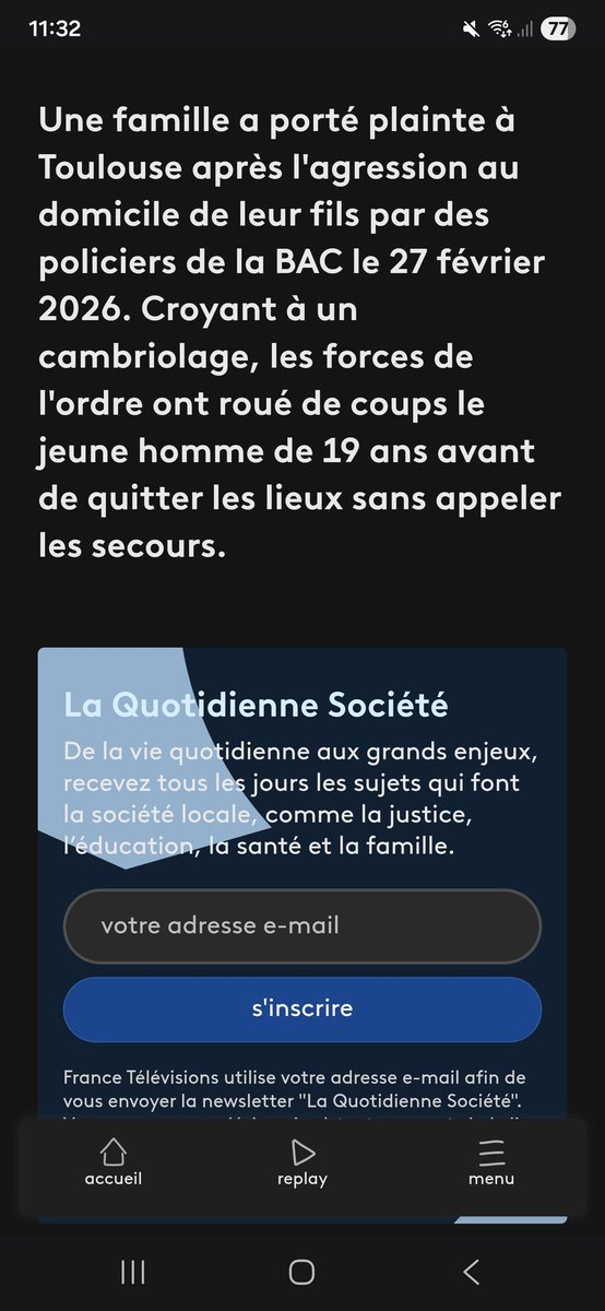 À Toulouse, un jeune de 19 ans se fait tabasser chez lui par la BAC qui le prend pour un cambrioleur.

Visage en sang et les policiers repartent sans même appeler les secours.

C’est ça la police censée nous protéger ?  <a href="/PoliceNationale/">Police nationale</a> <a href="/actutoulouse/">Actu Toulouse</a> france3-regions.franceinfo.fr/occitanie/haut…
