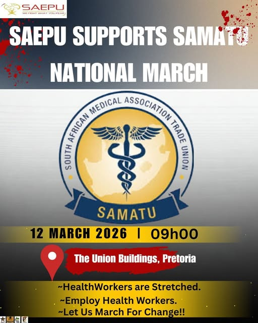 _cosatu's tweet photo. #SAEPU backs #SAMATU's National March
The South African Medical Association Trade Union is Marching on 12 March at 09H00 at Union Building, Pretoria demanding employment of medical doctors
#EmployHealthWorkers. Let Us March For Change @SAfmRadio @HealthZA @thedpsa @GovernmentZA https://t.co/nb0hLhkvD1