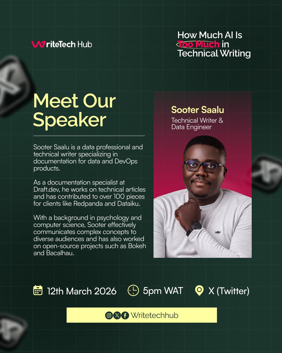 They say the best professionals adapt to AI.

When it comes to technical writing, balance is key.

Join us for: “How Much AI Is Too Much in Technical Writing?”

Our speaker, <a href="/Soot311/">Soot3</a> will share valuable insights.

Set your reminder
 x.com/i/spaces/1wxWj…
#WriteTechHub #ai
