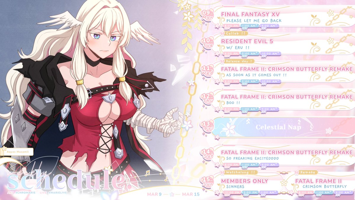 WEEK SCHEDULE 🌟 March 9 - 15
ITS COMIIIIIIIING !!!!

⊹ General: #MarieFD 
⊹ Live: #Marielive 
⊹ Art: #Chromarie / Nsfw: #MariEros 
⊹ Meme: #Mariewe 
⊹ Assets / thumbnails: #Marielangelo 
⊹ Fanname: #Kumamor