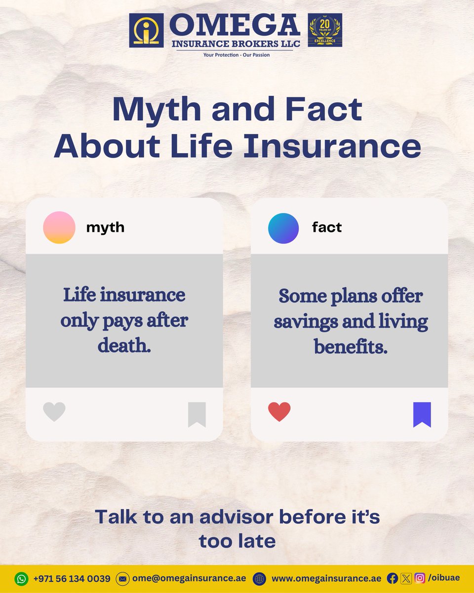 oibuae's tweet image. 🚨 Life Insurance Myth vs Fact

Myth. Life insurance only pays after death.
Fact. Some plans include savings and living benefits.

The real risk. Waiting too long to learn the truth.

Talk to an advisor today before it’s too late.

#LifeInsurance #FinancialSecurity #InsuranceFact