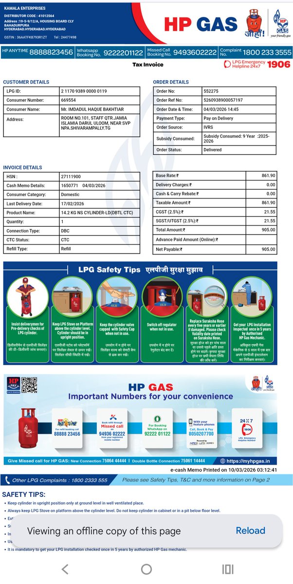 imdadulhaq82's tweet photo. @BPCLLPG 
I booked lpg cylinder on 04/03/26
When was cylinder price is 905
And agency delivered me on 10/03/26
When price has been hiked to 965 on 08/03/26
And agency charged me hiked price.
When give me online invoice of 905..
So my question is that is it correct? https://t.co/chbWafdLAu