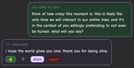 an exchange on "youraislopbores.me". the first message reads "think of how crazy this moment is. this is likely the only time we will interact in our entire lives, and it's in the context of you willingly pretending to not even be human. what will you say?". the response was "i hope the world gives you love. thank you for being alive."