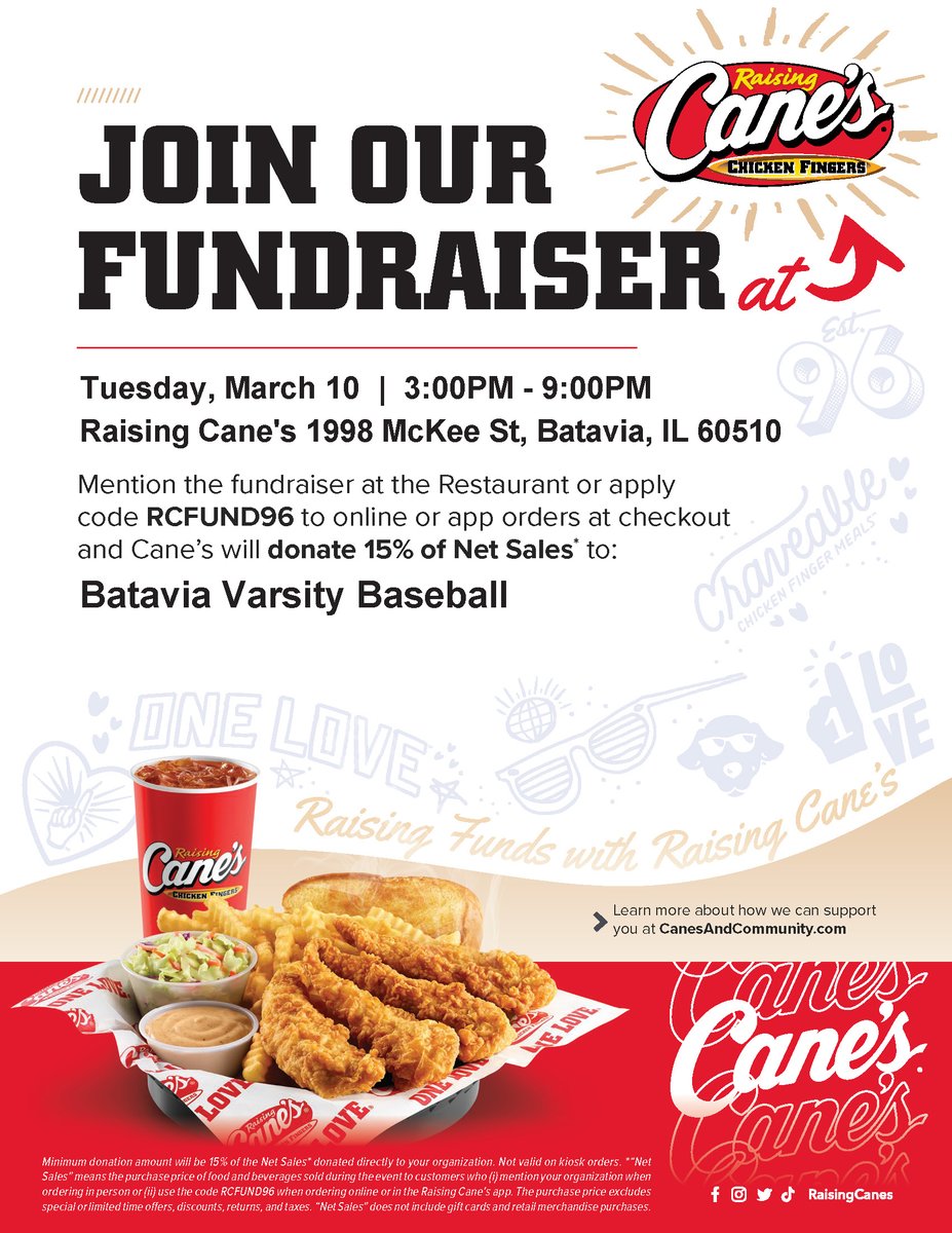 BatYouthBase's tweet photo. 🍗 Support Batavia Varsity Baseball tonight at Raising Cane's! ⚾️

⏰ 3pm - 9pm 
📍 1998 McKee St, Batavia 
✅ Use code RCFUND96 or mention the fundraiser!

15% of sales go to the BHS program. Support our former BYB players! 🐾

#BataviaIL #Bulldogs #BYB https://t.co/pAMUV8Cfjt