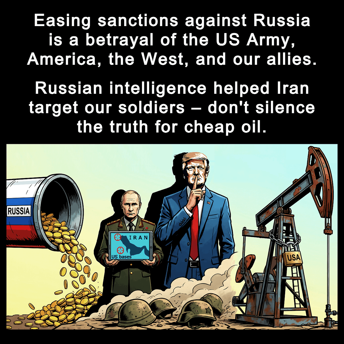 FreeEagle1980's tweet photo. @TheDemocrats While our soldiers pay the ultimate price, some choose to silence the truth for the sake of cheap oil. Easing sanctions on Russia after they helped Iran target US bases is more than a mistake – it’s a betrayal. 
#Democrats
@TheDemocrats https://t.co/rmIzvaOavt