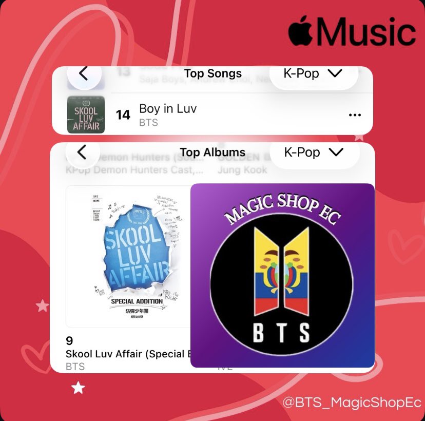 BTS_MagicShopEc's tweet photo. 🇪🇨ECU-ARMY🇪🇨

Ya hay resultados de nuestro pequeño proyecto previo a ARIRANG 🤩, #BoyInLuv ya aparece en el chart pero hay que subir más 🔥 así que STREAM! 

https://t.co/DhctUnR78E https://t.co/efMmavxbth