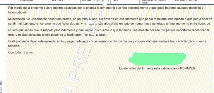 Se peleó con su pareja, le pidió perdón por carta documento: