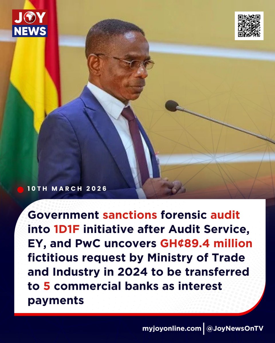 Government sanctions forensic audit into 1D1F initiative after Audit Service, EY, and PwC uncovers GH¢89.4 million fictitious request by Ministry of Trade and Industry in 2024 to be transferred to 5 commercial banks as interest payments

#JoyNews #Viral 
#Explorepage #Ghana