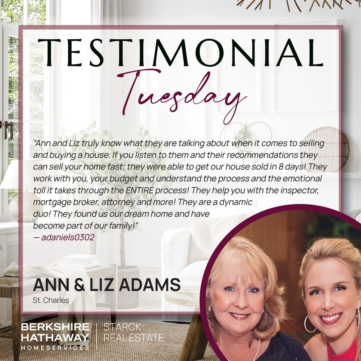 It’s Testimonial Tuesday, and today we’re celebrating the incredible service provided by Lynda Reckwerdt Steidinger and Ann &amp; Liz Adams - Adams Residential Partners at Berkshire Hathaway Starck. We are proud to have them all on our team! #TestimonialTuesday  #StarckRealEstate