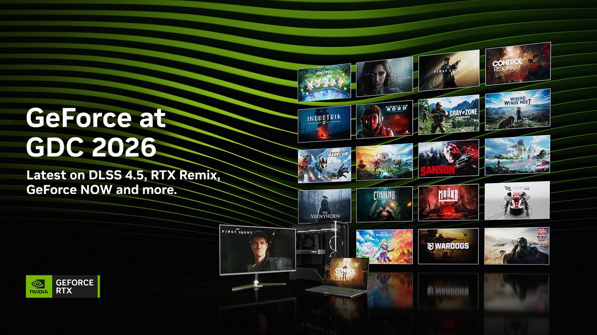 Get the latest GeForce news from GDC 2026. 

🟢 20 new DLSS 4.5 and path-traced games
🟢 DLSS 4.5 Dynamic Multi Frame Generation available March 31st
🟢 RTX Remix and Mega Geometry updates
🟢 + more! 

Read here → nvda.ws/4s9zVzA