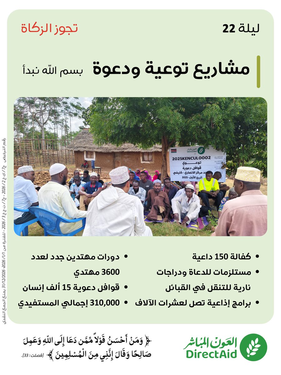 حمله ليلة 22🌙
مشاريع توعية ودعوة 
 
سهمك الليلة يدعم كفالة الدعاة، قوافل الهداية، ودورات المهتدين الجدد✨
ليكن لك أجر كل من اهتدى
 
رابط المساهمة 
directa.id/L10s

✔️ من مصارف الزكاة
#العون_المباشر 🌿