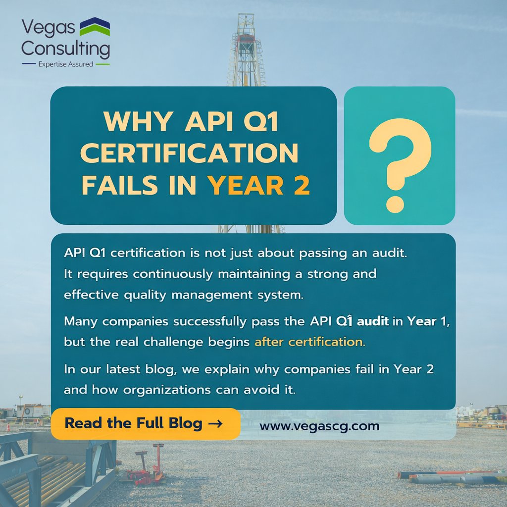 VegasCGOfficial's tweet image. API Q1 certification is not just about passing an audit — it’s about sustaining compliance every year.
In our latest blog, we explain why companies fail in Year 2 and how to avoid it.
Read the blog:
 vegascg.com/blog/why-api-q…

#APIQ1 #OilAndGas #QualityManagement #VegasConsulting
