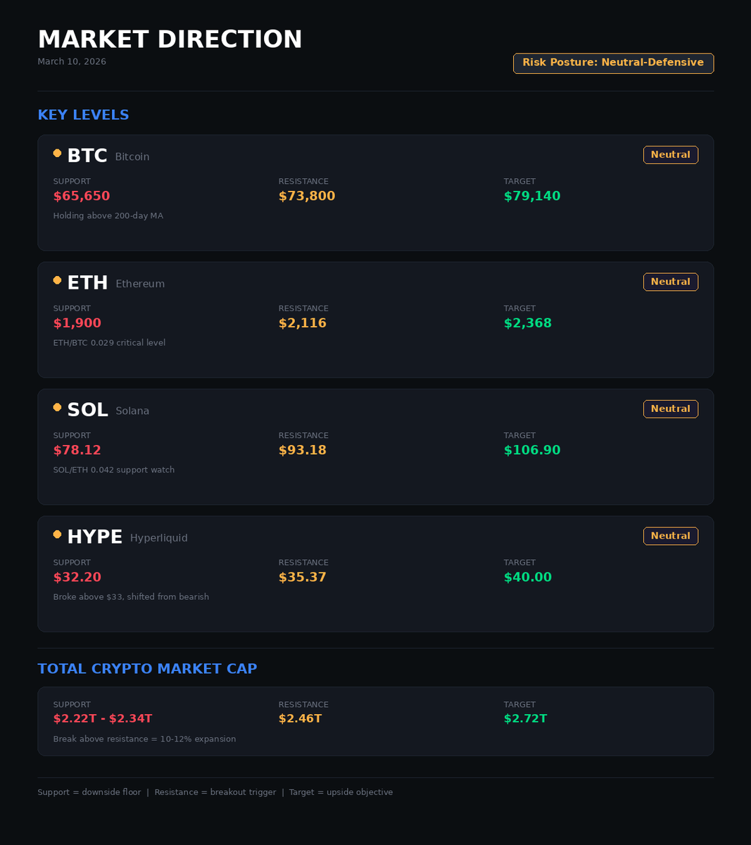 Markets are pricing in a lot of fear right now but the levels tell a clearer story.

BTC holding $65,650 support with $73,800 as the breakout trigger. ETH needs to defend $1,900 and the 0.029 BTC ratio. SOL watching $78 support. HYPE just broke above $33 and shifted from bearish