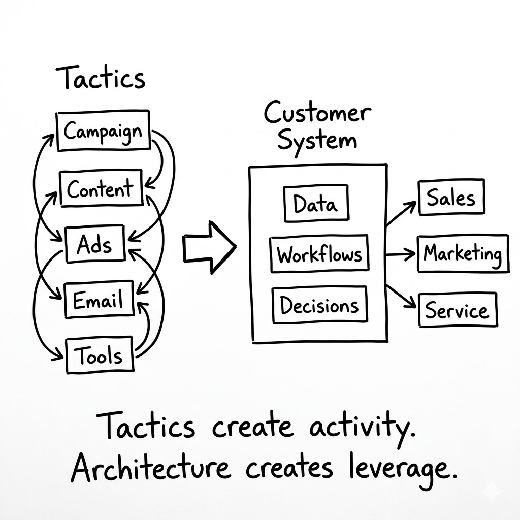 FMWaechter's tweet photo. Most teams are still stuck here:

Campaigns
Content
Ads
Email
Tools

Everything connected.
Nothing really integrated.

The shift is from tactics → systems.

Tactics create activity.
Architecture creates leverage.

#MarketingStrategy #SystemsThinking #RevOps https://t.co/hJKIzmEtRJ