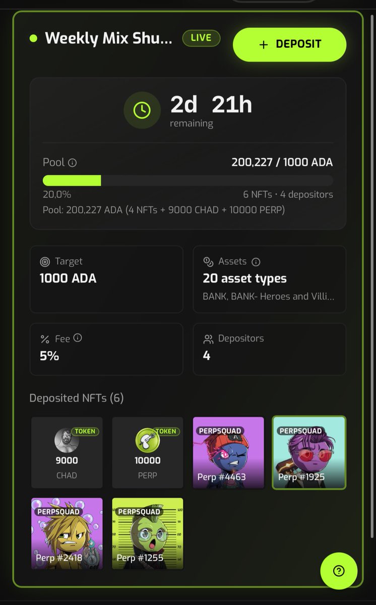 perpsonx's tweet photo. 🫵Do you want to win prizes worth up to 1000 ADA?💰 

Another Shuffle is underway!  It is already 20% sold so get yours today!  1 ticket wins everything!

Both NFTs and Tokens are eligible to trade for tickets!  Some eligible tokens include $SNEK $PERP $BANK and much more! 

Test your luck today in the Perps Shuffles App!

https://t.co/BsYaFJZTKD
