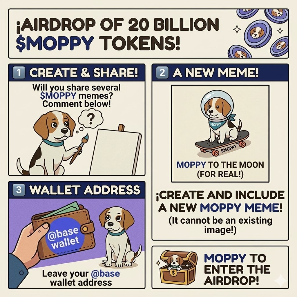 Airdrop of 20 billion $MOPPY tokens

1️⃣ Comment if you would be willing to share several $MOPPY memes

2️⃣ Include a $MOPPY meme image (it cannot be an existing image)

3️⃣ Leave your <a href="/base/">Base</a> wallet address.