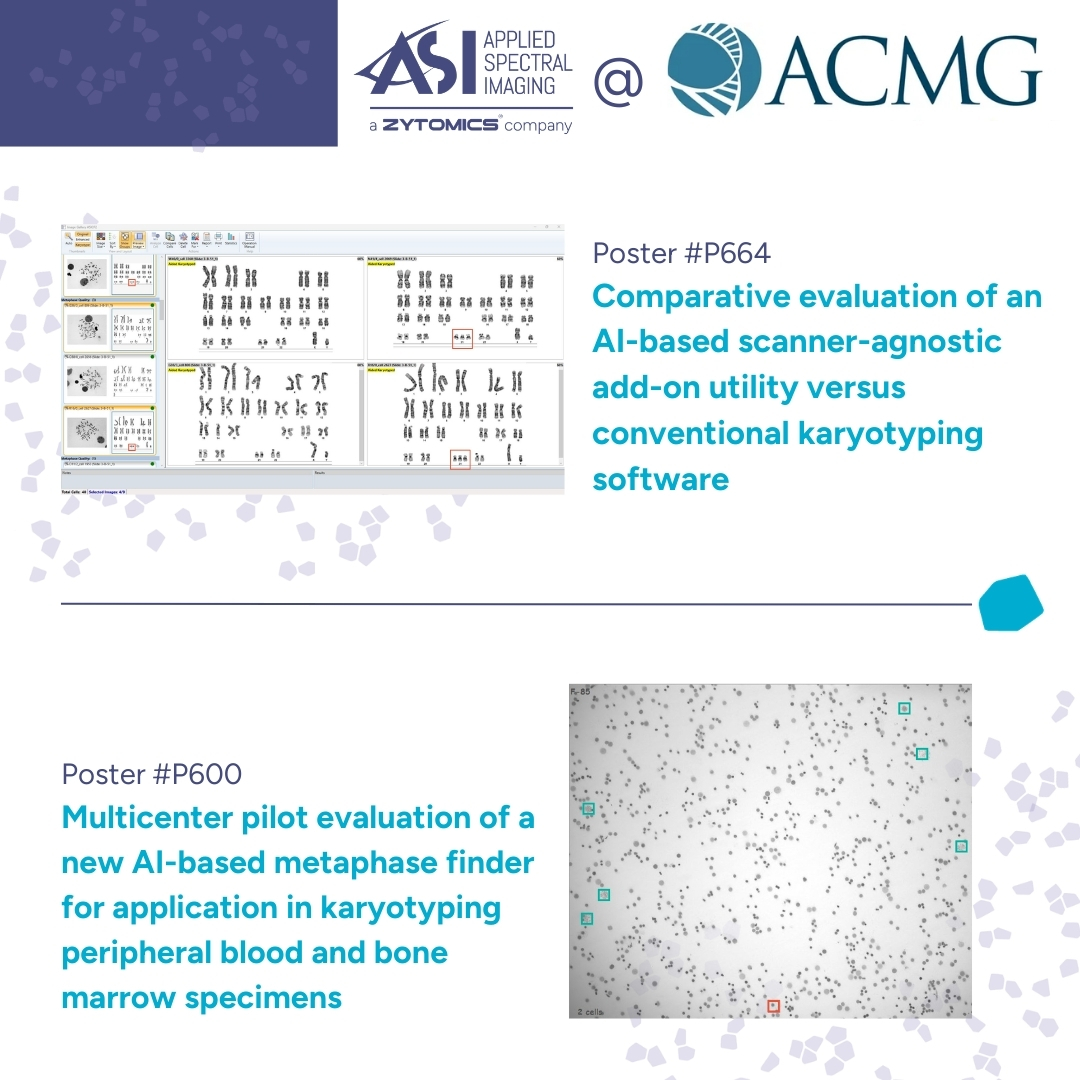 ACMG opens today! 
The ASI team is in Baltimore and excited to meet the cytogenetics community. 
Read the abstracts we are presenting: Poster 664 on AI-based karyotyping add-on utility and Poster 600 on a new AI-based metaphase finder.  
lnkd.in/dqcXUb8H 

#ACMG2026 #AI