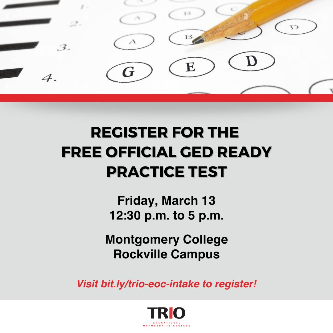 MC_EOCmd's tweet image. Interested in getting your GED?  TRIO EOC is offering a FREE Official GED Practice Test at the @MontgomeryCollege Rockville campus on Fri, March 13, 12:30 p.m. - 5 p.m.

Register: bit.ly/trio-eoc-intake

#TRIOEOC #TRIOWorks #Education #College #GED