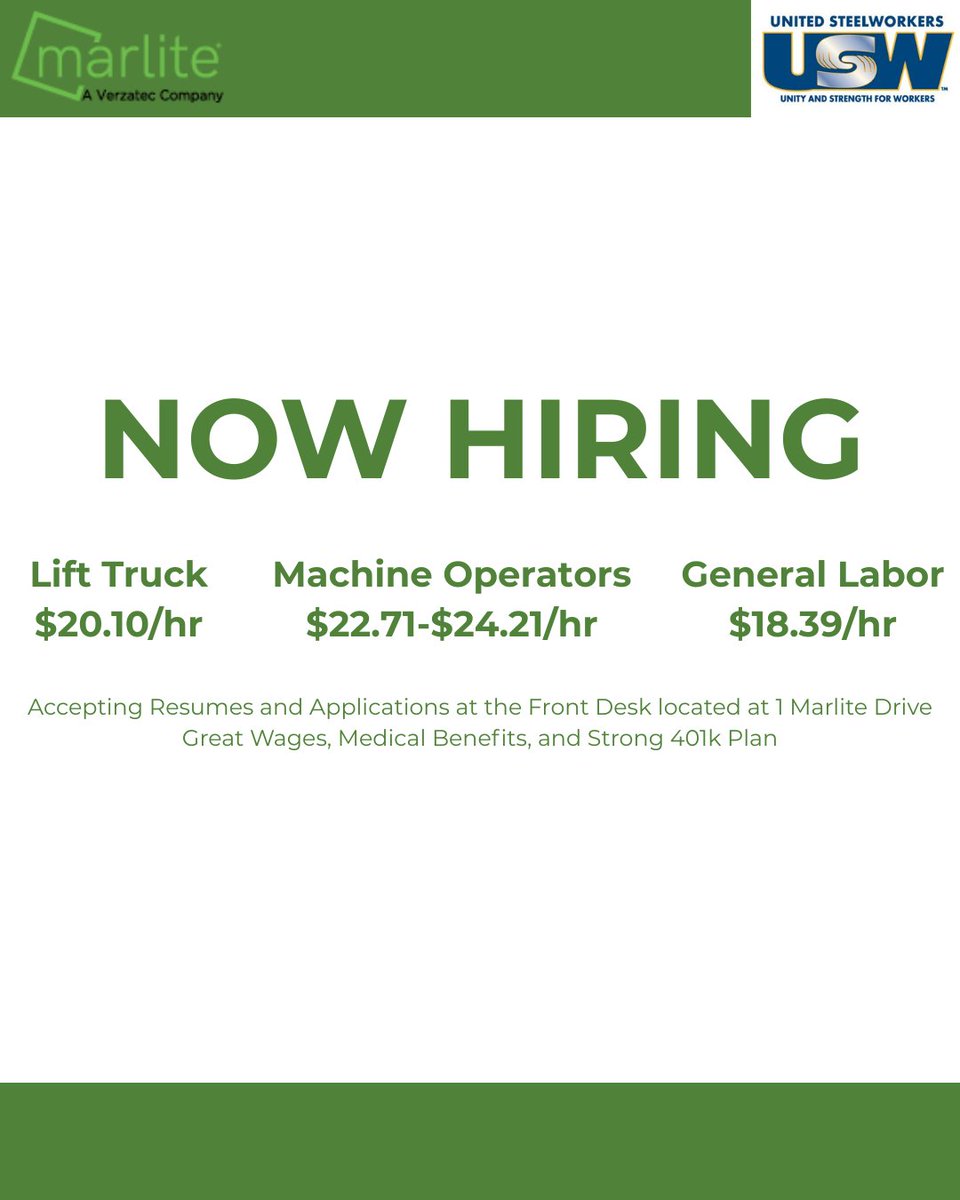 Join the Marlite team! We're currently hiring for multiple positions. 

Stop by Marlite to apply!
