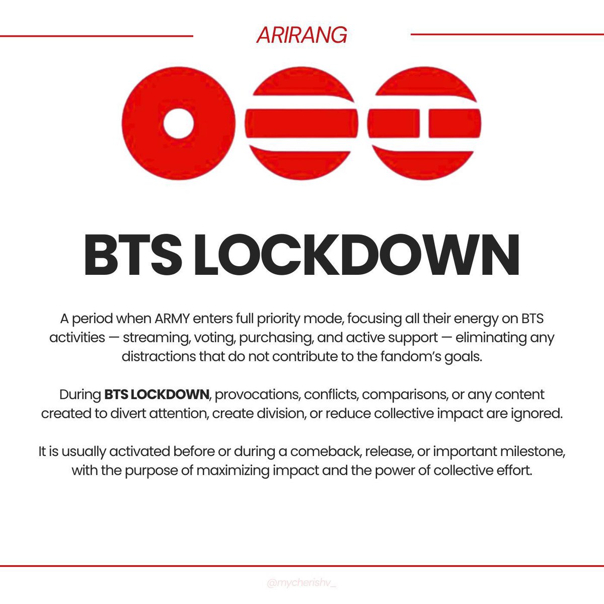 🚨 RECUERDEN que estamos en BTS LOCKDOWN! 

Nuestra prioridad en estos momentos es bangtan, por lo que es muy importante que nos concentremos en el stream, guardar ARIRANG en las apps y no ponerle atención a las antis.

BTS LOCKDOWN 
ARIRANG IS COMING
BTS IS COMING
#BTS_ARIRANG