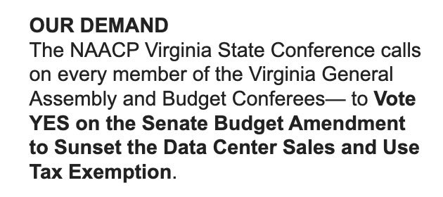 SenLouiseLucas's tweet photo. The Virginia State Conference of the NAACP gets it- the data center tax credit is stealing billions of dollars from our communities who need the resources most.  Thank you for your support!! https://t.co/SEK1ElLV2T