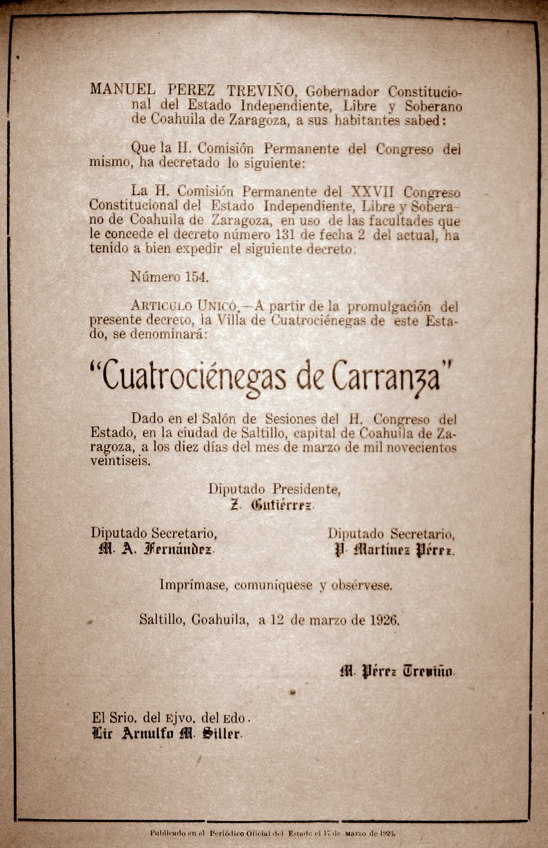MuseoPresidente's tweet photo. 10 de marzo de 1926.- El Congreso del Estado de #Coahuila designa a la Villa de Cuatro Ciénegas, con el nombre de “Cuatro Ciénegas de Carranza”, en honor a Don Venustiano, quien naciera en esa tierra.