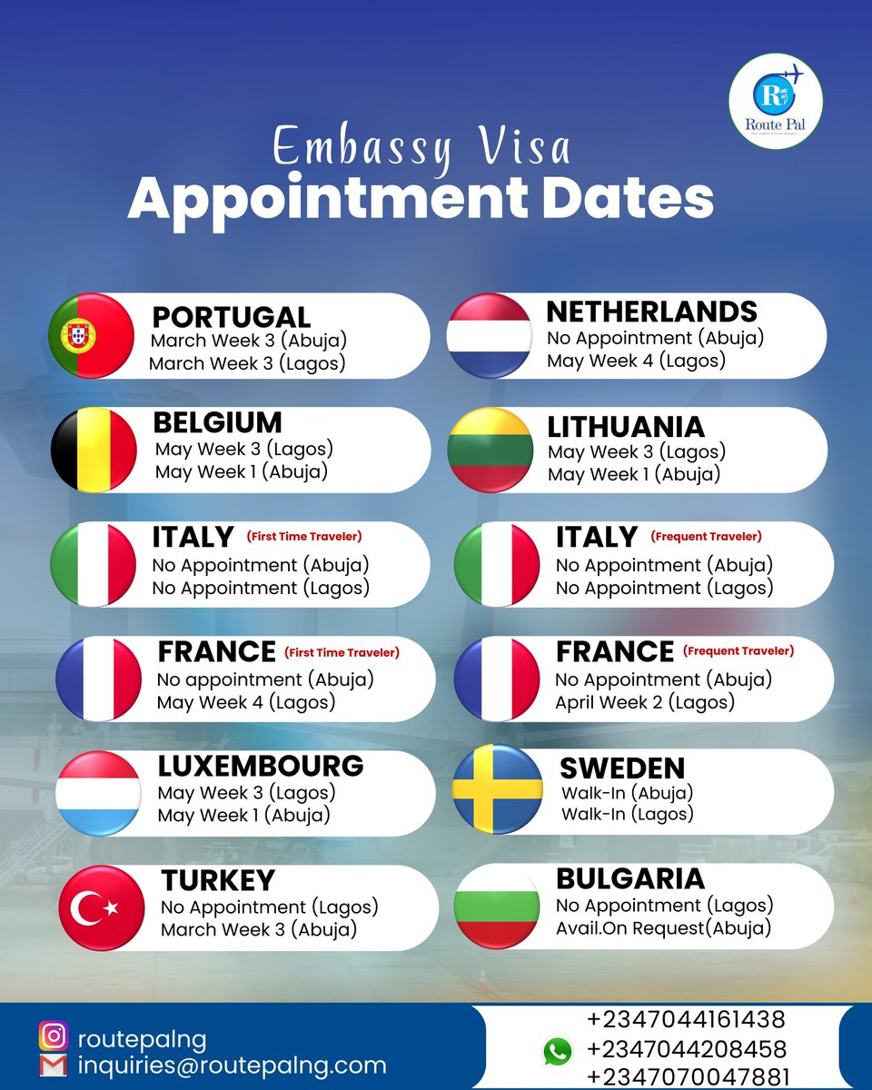 Routepalng's tweet photo. Embassy Visa Appointment Dates Available Now 📅

Note: Dates are valid until 16th March 2026 and may change without prior notice.

Send a DM to book your slot now.

#routepal #visaappointment #visaupdates #travelagency #visaprocessing https://t.co/cLWVF6fmso