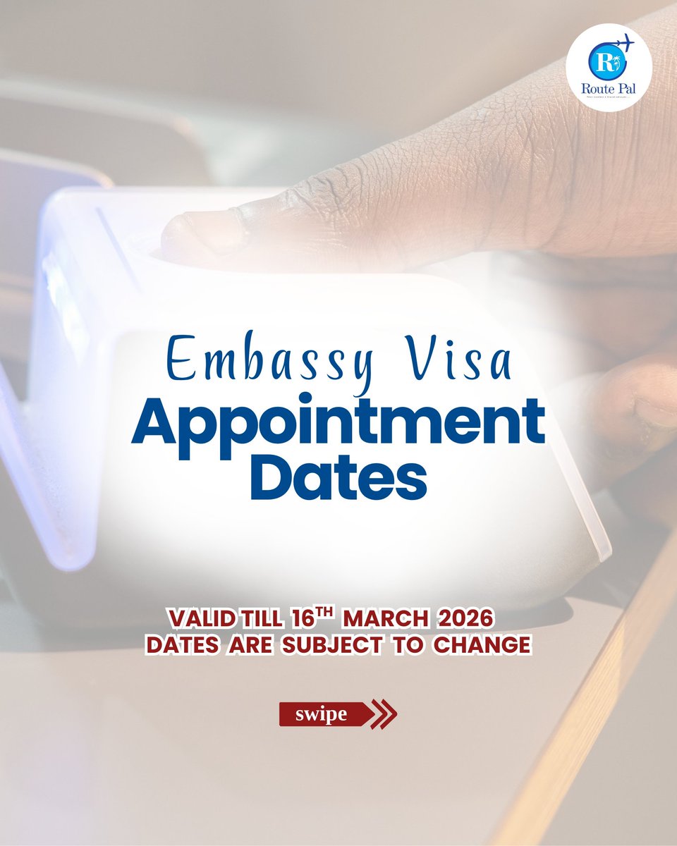 Routepalng's tweet photo. Embassy Visa Appointment Dates Available Now 📅

Note: Dates are valid until 16th March 2026 and may change without prior notice.

Send a DM to book your slot now.

#routepal #visaappointment #visaupdates #travelagency #visaprocessing https://t.co/cLWVF6fmso