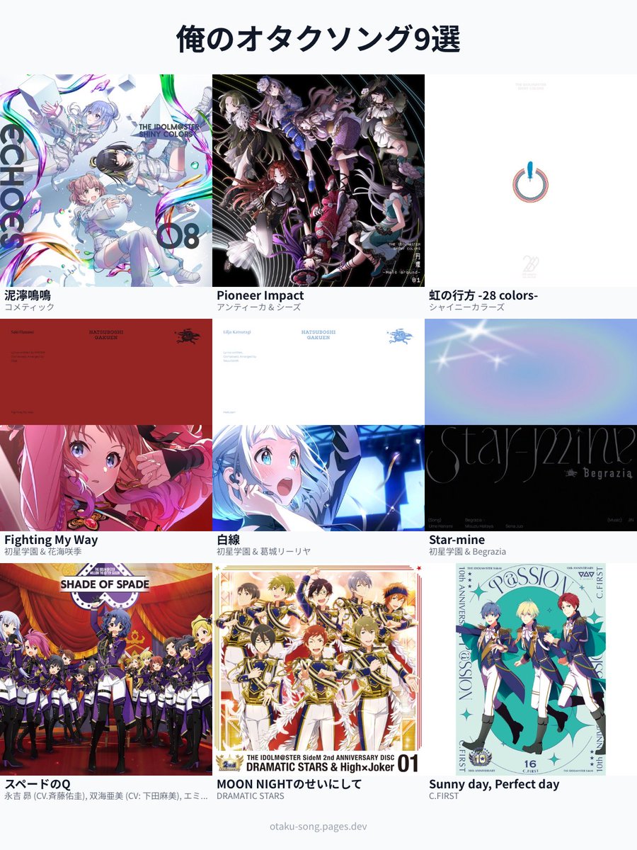 9選どころではないけどやった！ 1枚目↪︎アイマス 2枚目↪︎いろいろ 3枚目↪︎Vオリ曲 4枚目↪︎ボカロ