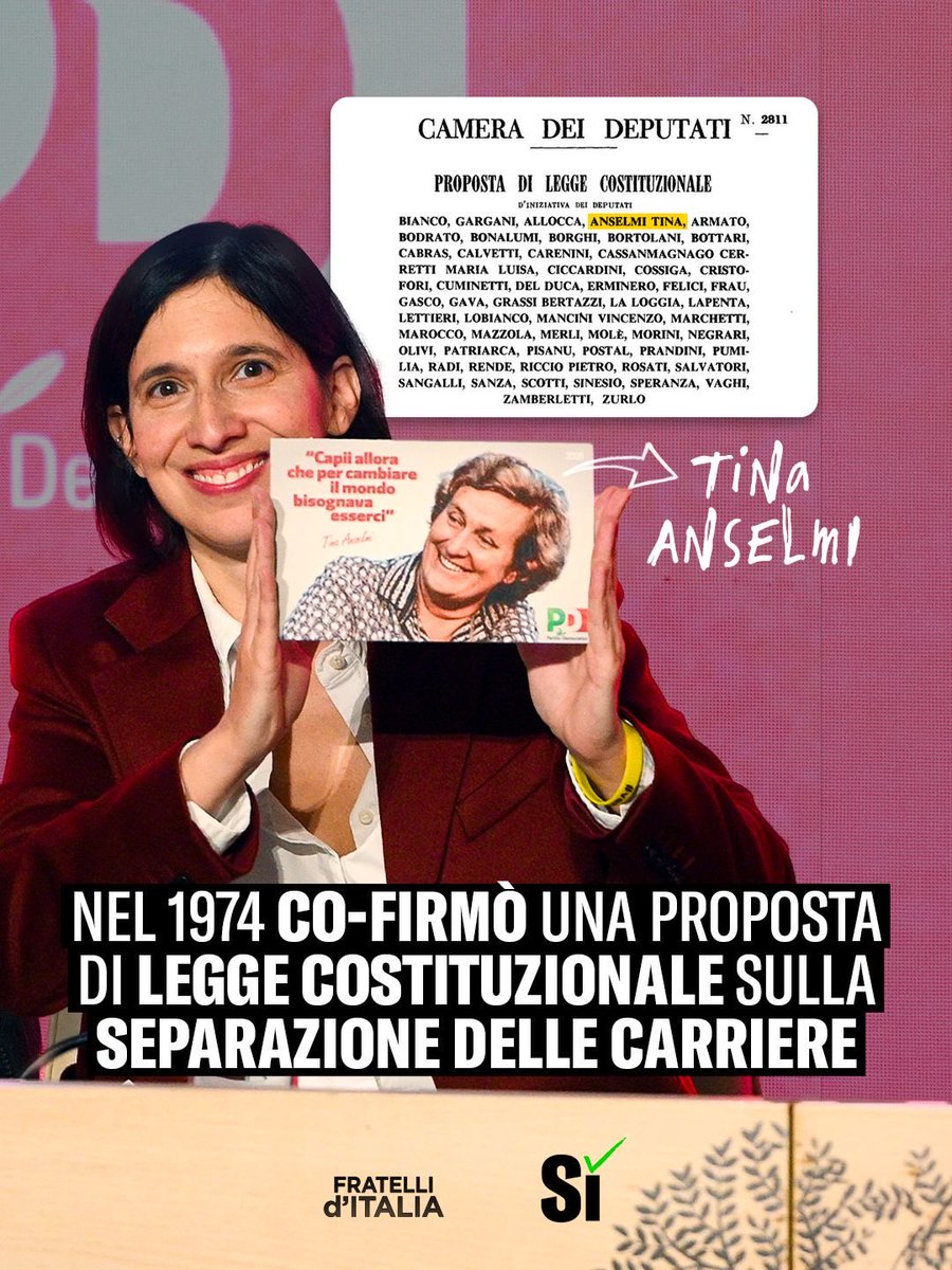 FratellidItalia's tweet image. Tina Anselmi, che oggi è raffigurata sulle tessere del Pd, era favorevole alla separazione delle carriere. Nel 1974 fu cofirmataria di una proposta di legge che prevedeva proprio la distinzione tra la carriera dei giudici e quella dei pubblici ministeri, per rafforzare