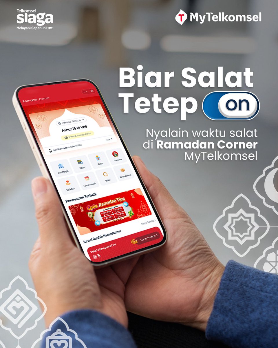 MyTelkomselApp's tweet photo. Biar salat tak terlewat, aktifkan fitur Prayers Time di Ramadan Corner MyTelkomsel!
Ibadah tepat waktu untuk jalani Ramadan sepenuh hati ✨
#RamadanSepenuhHati #MelayaniSepenuhHati #RamadanCorner #IniItuMakinGampang https://t.co/jSS1HwCCsZ