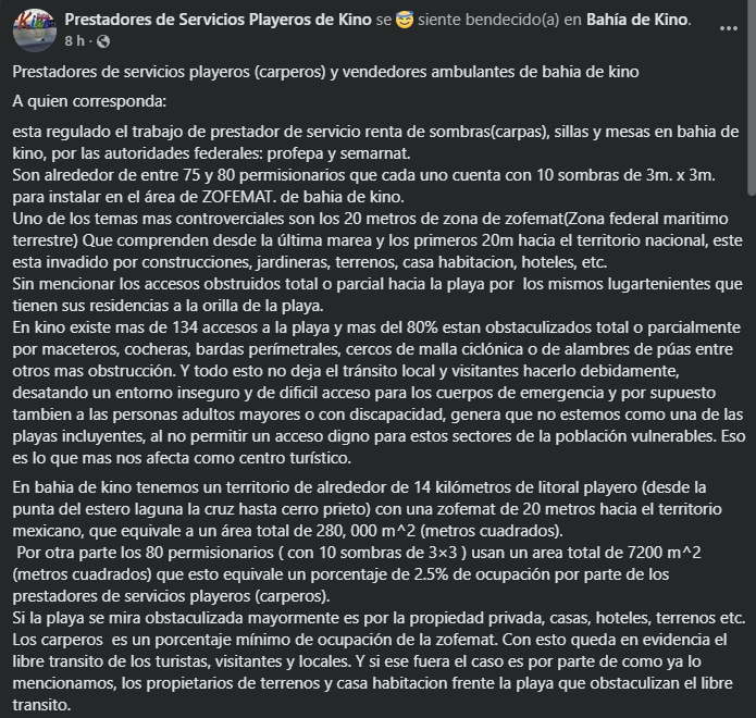 elalbertomedina's tweet photo. 🔴 Responden carperos de Bahía de Kino a críticas: tenemos permisos, generamos empleo y no obstaculizamos, afirman.

En un comunicado, los prestadores de servicios aseguraron contar con permiso y regulación de autoridades federales, apoyar con sombra a turistas ante las altas temperaturas y generar empleo para familias de la región.

Pero también afirmaron que quienes obstaculizan la playa no son ellos como carperos, sino otras construcciones, jardineras, terrenos, hoteles y viviendas.

Y señalaron otros temas:

📍 "Es muy subjetivo" si las carpas son "bonitas o feas", por lo que -dicen-  "no es un argumento válido en temas de reglamentación".

📍Los permisos están ubicados específicamente "por medio de coordenadas geográficas" y autorizados por @SEMARNAT_mx y @PROFEPA_Mx.

📍 Que si se le permite a los turistas elegir sus lugares para instalar sus carpas "se hará un desorden total".

#Hermosillo #Sonora
