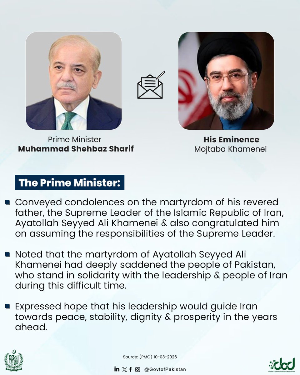 Prime Minister Muhammad Shehbaz Sharif has written a letter to His Eminence Mojt...