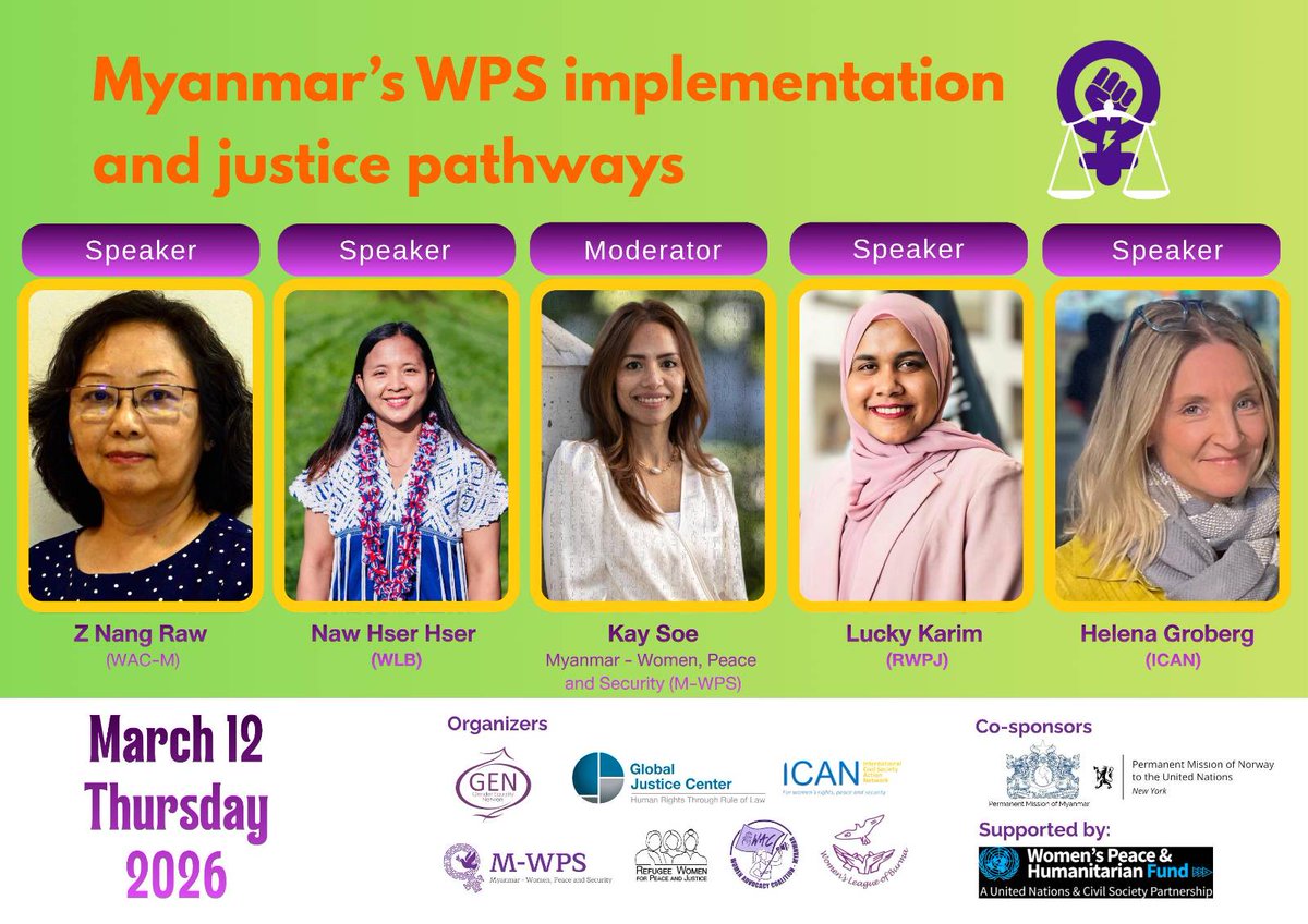 whatthewomensay's tweet photo. 🚨 Are you in New York for #CSW?
Join ICAN’s Helena Grönberg & #WASL partner @GenMyanmar at the event “#Myanmar’s WPS Implementation & Justice Pathways.”
📍730 3rd Avenue, New York
📅 March 12, 2026
🕜 10:30 - 12:00 noon https://t.co/rRQwAvK5si