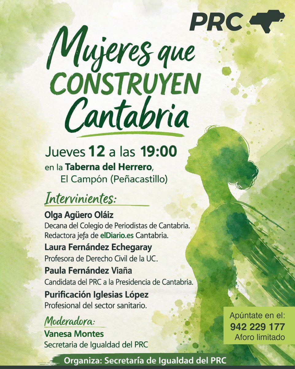 📢 Mujeres que construyen #Cantabria
📅 Jueves 12 | 19:00 📍 Taberna del Herrero, El Campón (Peñacastillo)
Intervienen: <a href="/olgaaguero/">Olga Agüero Oláiz</a>, Laura Fernández Echegaray, <a href="/fdezvianaprc/">Paula Fernández Viaña</a> y Purificación Iglesias López
Modera: <a href="/Vanessa_Montes_/">Vanessa Montes</a> 
📞 942 229 177 ⚠️ Aforo limitado
