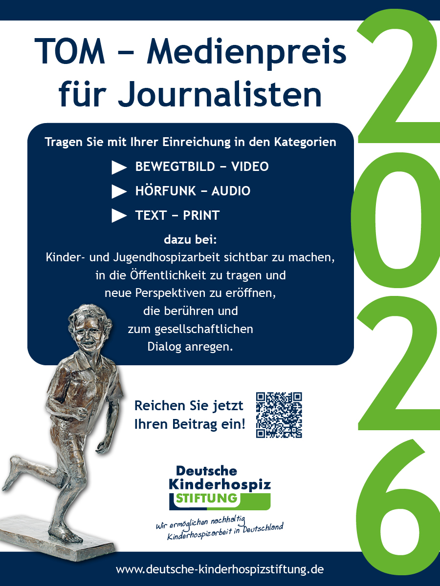 journ_online's tweet photo. Anzeige: Seit 2012 wird „TOM“ - der Medienpreis für Journalisten, alle  zwei Jahre von der Deutschen KinderhospizSTIFTUNG verliehen. Reichen Sie jetzt Ihren Beitrag ein! https://t.co/FJOv5wukxF