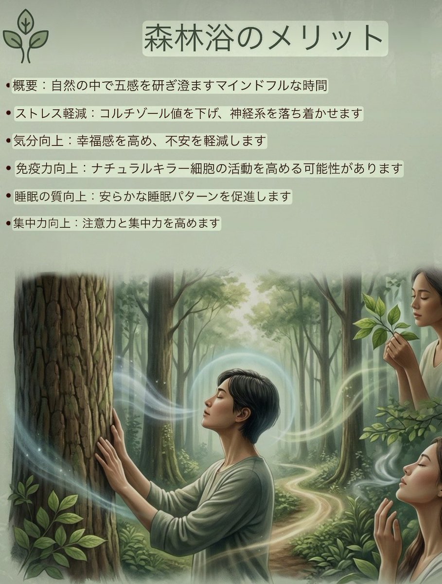 macaronmacaro15's tweet photo. 🌳森��浴のメリット🌳👇☺️✨

💚自然の中で五感を研ぎ澄ますマインドフルな時間
💚ストレス軽減で心と神経を落ち着かせる🧘‍♂️
💚気分アップ＆不安軽減😊
💚集中力と注意力向上🧠
💚免疫や睡眠もサポートの可能性🌿 https://t.co/fJT8Z6tWKi