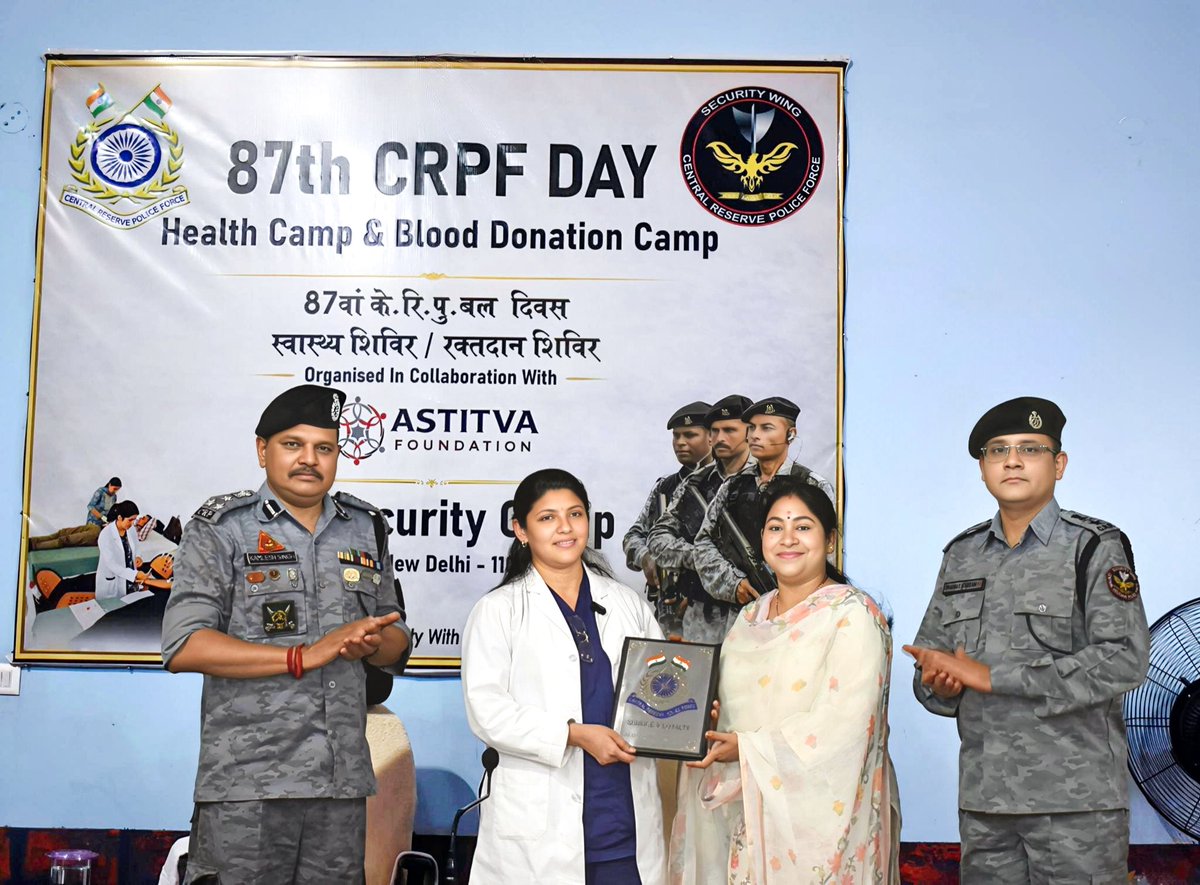 vsgcrpf's tweet photo. On the 87th CRPF Raising Day,Blood Donation Camp&amp;Health Awareness Program was held at VSG Camp today,In collaboration with Astitva Foundation.Dr Seema Singh,Oncologist&amp;founder,shared vital insights on cancer awareness,stress management,regular screenings.@crpfindia @VS_WingCRPF https://t.co/WDCYbl1kus
