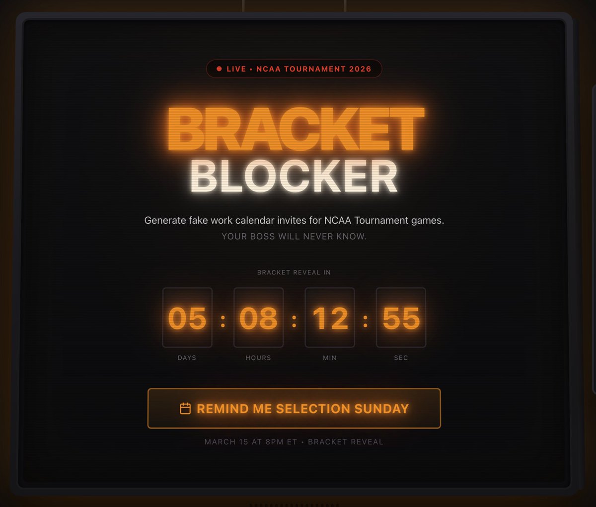 Heyo <a href="/darrenrovell/">Darren Rovell</a> 👋  I made bracketblocker.com and thought you'd get a kick out of it! → Generate fake work calendar invites for NCAA March Madness daytime games. // "Work calendar looks busy. Your boss sees meetings. You see basketball."