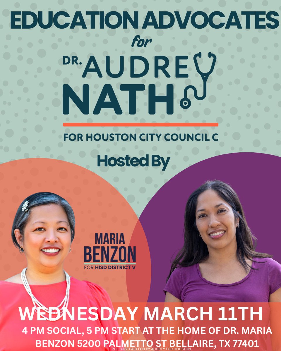 TxEdHouston's tweet photo. Fight the HISD Takeover!
Fight for a Better HOUSTON!
Elect Dr. Audrey Nath to City Council!

Tomorrow, join Houston ISD Board Trustee Maria Benzon @Benzon4HISD in supportting Dr. Audrey Nath @AudreyForHOU for Houston City Council, District C.

#Parents #Schools #PhoneBank https://t.co/gKeGCyDhKp