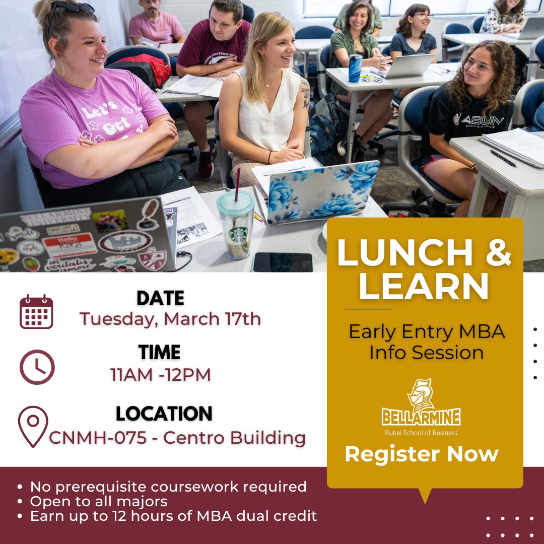 Juniors &amp; Seniors: Start your MBA early!
Lunch &amp; Learn: Early Entry MBA Info Session
📅 Mar 17 | 11 AM–12 PM | CNMH-075
✔ Up to 12 MBA dual credits
✔ Up to 5 MBA courses at no extra cost

🍴 Lunch provided
Register: shorturl.at/M27Qd