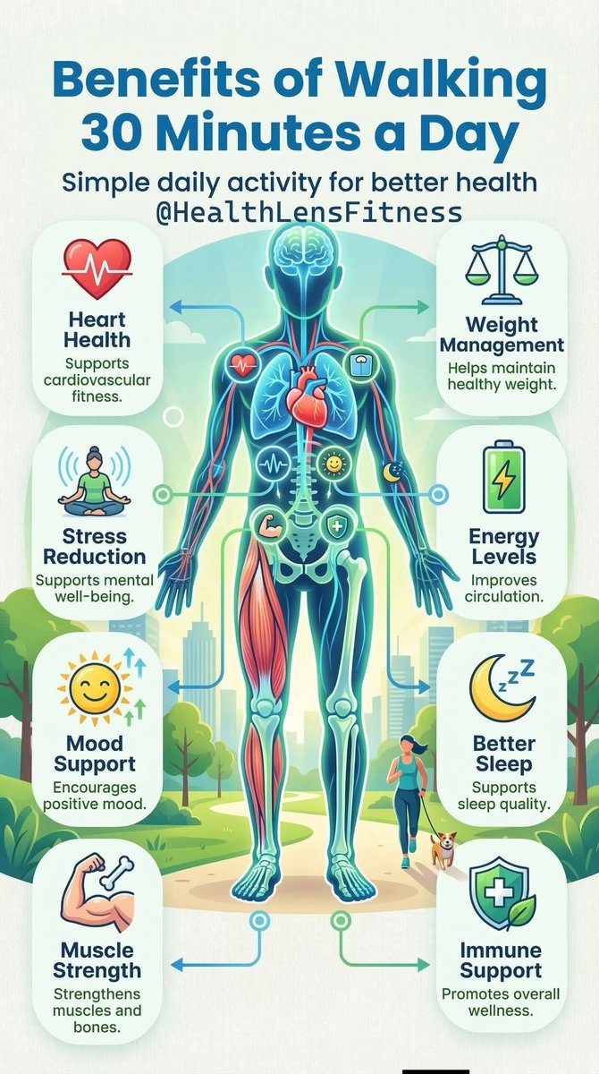 DrSachita's tweet photo. 🚶Benefits of Walking 30 Minutes a Day
#HealthLensfitness #HealthLens #DoYouKnow #fblifestyles #WalkingBenefits #DailyWalk #HealthyLifestyle #FitnessTips #StayActive #HeartHealth #WellnessTips #HealthyHabits #ExerciseRoutine #FitnessEducation https://t.co/ufN2atzed2