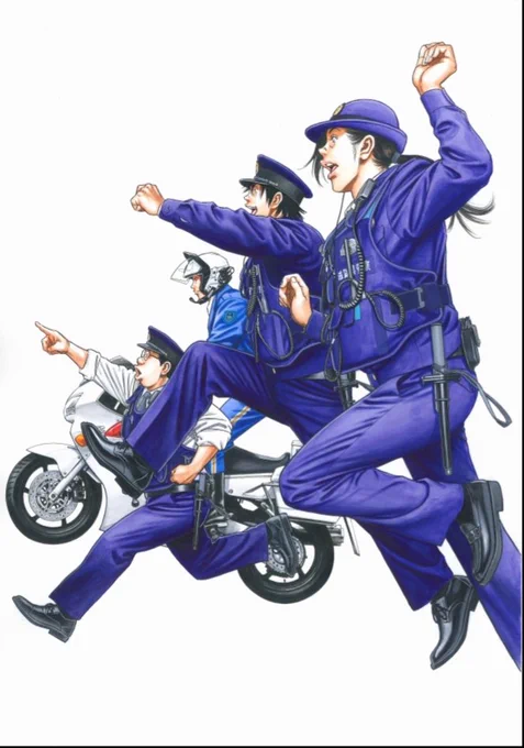 実は今回で4回目の県警イラストでした。 キャラにはそれぞれ名前があって、熱血主人公は滋賀懸太郎、1年上のマドンナの近江舞、ニヒルな白バイ隊員の安土ジョー、マヌケな先輩の草津さん。ベテラン刑事の部長の名前も決めたはずだけど失念しました。2年目のポスターでは殉職したイメージです。