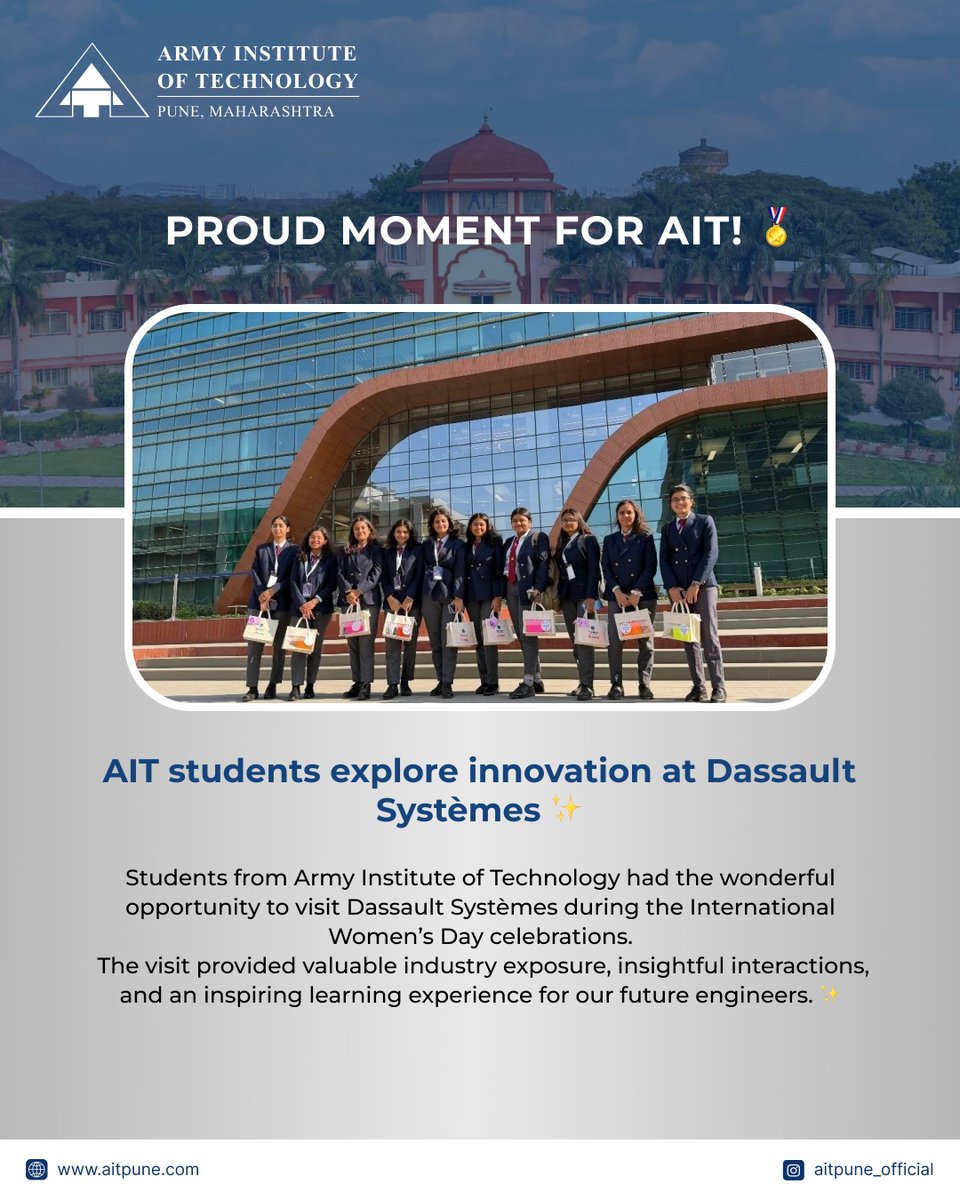 ait_pune's tweet image. Exploring innovation! ✨ 
AIT students had an insightful visit to Dassault Systèmes during their International Women’s Day celebrations. A great learning experience for our future tech leaders! 🚀👩‍💻 
#AIT #WomenInSTEM #EngineeringPune